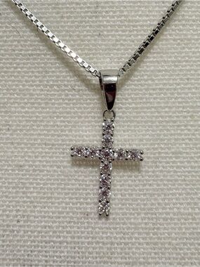 Sterling Silver Moissanite Cross Pendant on 16” Box Chain